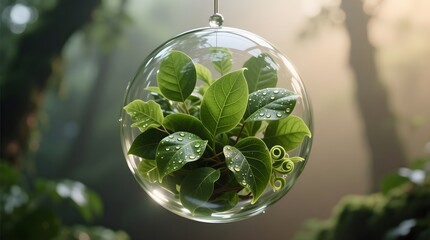 Lush Green Leaves in Glass Orb with Dew Drops in Nature Setting