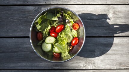 chopped. Vibrant salad bowl with fresh greens, cherry tomatoes, and cucumber slices arranged on a rustic wooden table. menu design.