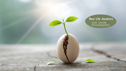 Emerging plant from broken egg symbolizing new life