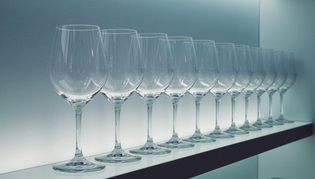 A row of empty wine glasses displayed on a shelf illuminated by LED lights