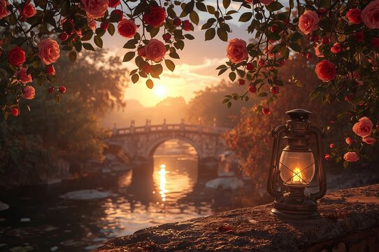 A serene evening scene features a vintage lantern glowing softly in the foreground, surrounded by blooming pink flowers. In the background, an arched stone bridge spans a calm river, with lush greener