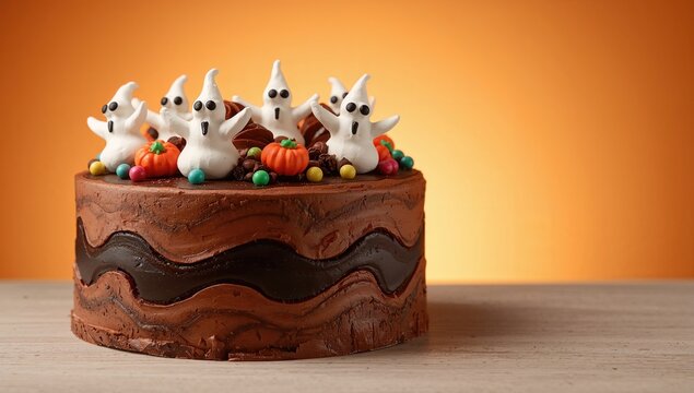 Spooky meringue ghost cake with chocolate and candy eyes on orange backdrop with side space