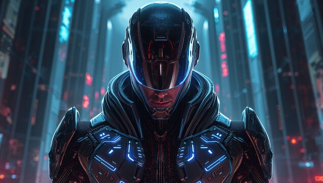 A lifelike depiction of a sci-fi soldier wearing a digital armor suit. advanced technology and virtual world concepts. futuristic photo