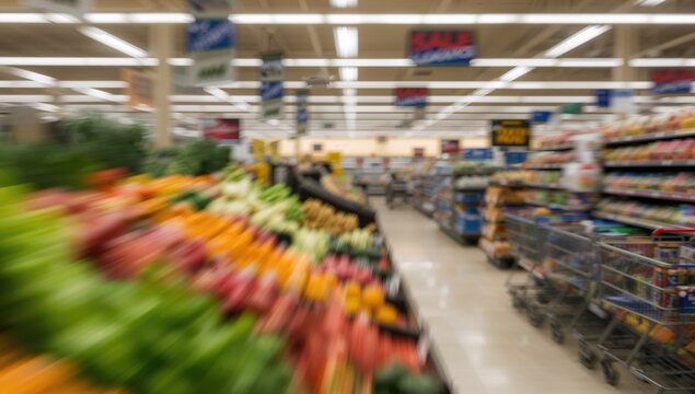 Out-of-focus supermarket corridor featuring vibrant fresh produce for sale.