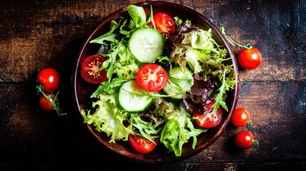 chopped. Vibrant salad bowl with fresh greens, cherry tomatoes, and cucumber slices arranged on a rustic wooden table. menu design.