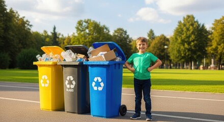 Boy smiling next to recycling bins in a green park