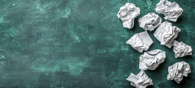Numerous crumpled white paper pieces are scattered atop a dark and textured teal surface, providing a stark contrast for creative concepts.