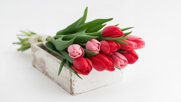 Bouquet of red and pink tulips in a white wooden container against a white backdrop, perfect for Women's Day celebration