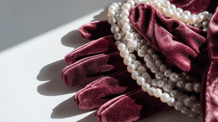 Burgundy velvet long gloves draped with elegant pearl necklaces