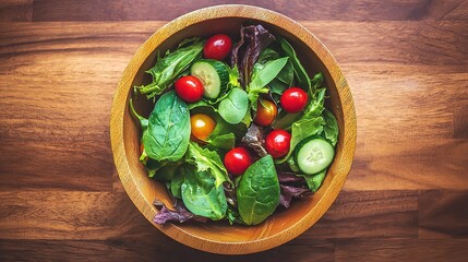 chopped. Vibrant salad bowl with fresh greens, cherry tomatoes, and cucumber slices arranged on a rustic wooden table. menu design.