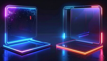 Futuristic Digital Screens with Neon Blue and Red Glowing Edges on Dark Background