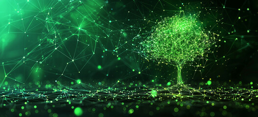 An illuminated green network tree, composed of countless interconnected nodes and lines, vividly symbolizes the evolving harmony between data and organic life.