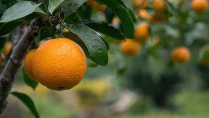Close-up of mature oranges hanging on a tree branch in a garden setting with room for text.
