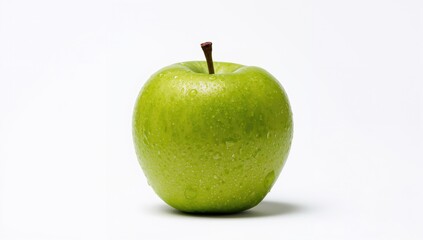 Single green apple on a plain white backdrop