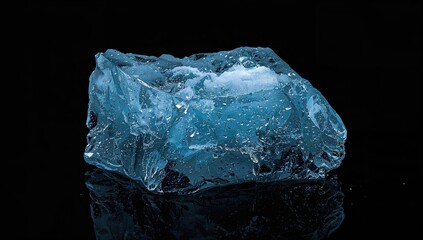 Chilled, patterned, azure ice cube with a natural look against a dark backdrop. Path for clipping provided.