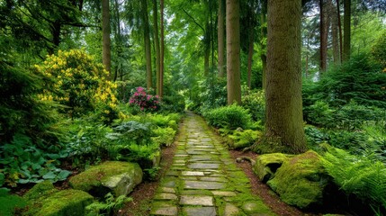 Obraz premium Lush Green Forest Pathway Surrounded by Vibrant Flora and Peaceful Nature in a Serene Woodland Setting