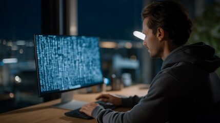 Cybersecurity specialists analyzing digital protocol on glowing screen, symbolizing data encryption, network protection, and secure communication standards in advanced IT infrastructures. cinematic