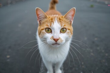 Fototapeta premium A feline with white and orange fur posing on a road while gazing into the lens