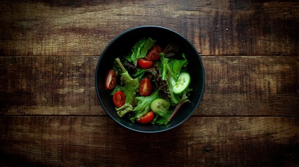 chopped. Vibrant salad bowl with fresh greens, cherry tomatoes, and cucumber slices arranged on a rustic wooden table. menu design.