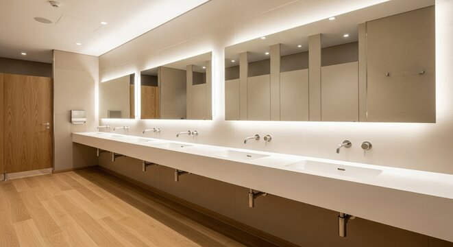 Modern Public Restroom with Multiple Sinks, Mirrors, and Stylish Decor, Ideal for High-Traffic Areas, Featuring a Clean and Sleek Design.