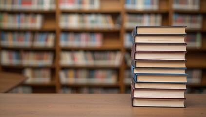 Fototapeta premium Pile of books in a study area with a blurred background, ideal for business and educational themes, back-to-school idea. Space available for text. Online learning and remote education theme.