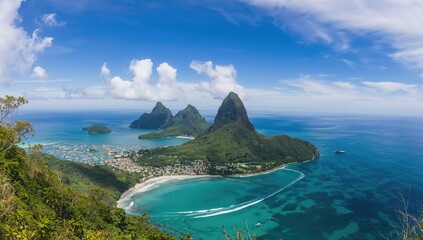 Fototapeta premium View from above showcasing lush twin peaks set against pristine tropical waters beneath soft, billowy clouds