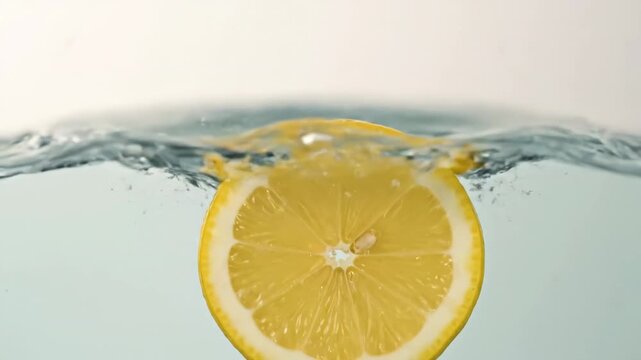 A vibrant yellow lemon slice creates a refreshing splash as it drops into clear water.