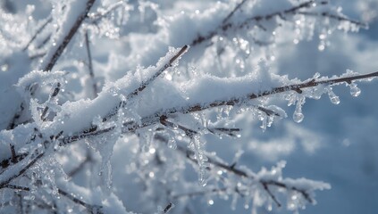 Frost-laden twigs adorned with icy formations