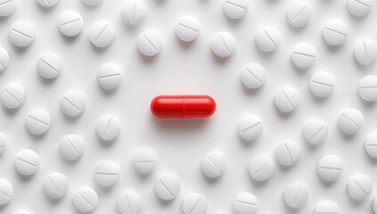 A single red capsule encircled by white medicinal tablets on a clean white surface, illustrating a health concept