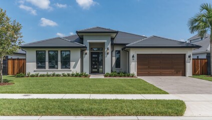 Front view of a stylish contemporary home with reflective windows, manicured lawn, and dark tiled roof