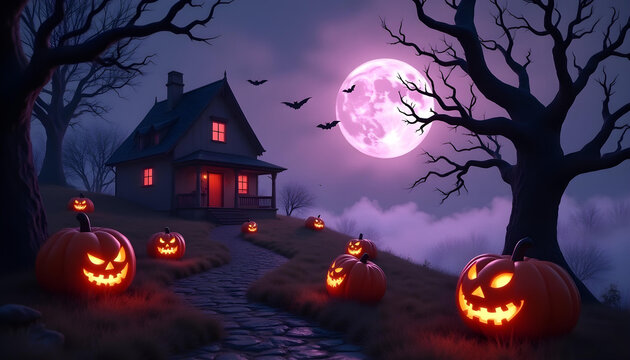 Happy Halloween dark witch house with tree and birds, pumpkin lit up background - Powered by Adobe