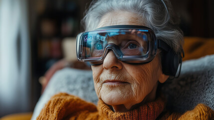 an elderly woman using smart AR glasses to monitor her health at home, warm cozy lighting