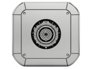 Metallic square mechanical device with detailed circular gear mechanism on a transparent background