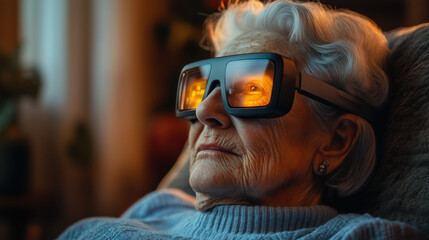 an elderly woman using smart AR glasses to monitor her health at home, warm cozy lighting