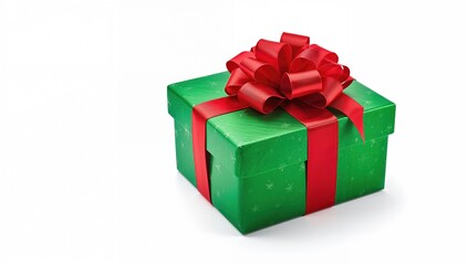 Red and green present wrapped with ribbon and bow set against a white background