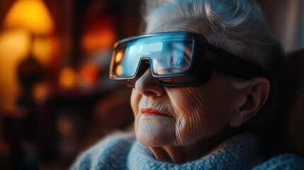 an elderly woman using smart AR glasses to monitor her health at home, warm cozy lighting