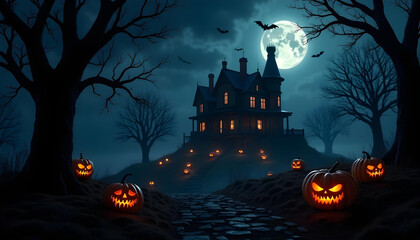 Happy Halloween dark witch house with tree and birds, pumpkin lit up background