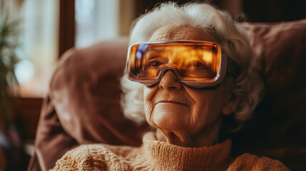 an elderly woman using smart AR glasses to monitor her health at home, warm cozy lighting