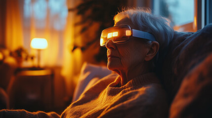 an elderly woman using smart AR glasses to monitor her health at home, warm cozy lighting