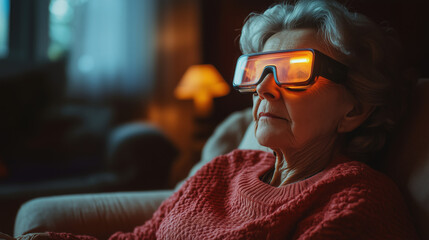 an elderly woman using smart AR glasses to monitor her health at home, warm cozy lighting