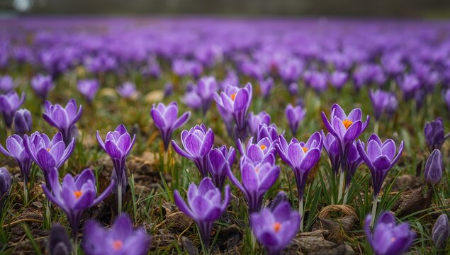 Stunning meadow filled with vibrant purple crocus flowers in early spring