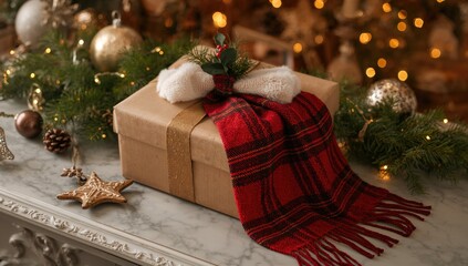 Festive gift wrapped in a red plaid cloth adorned with ornaments on a surface as an imaginative concept