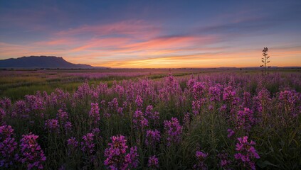 Obraz premium A vibrant purple flower meadow stretches out beneath a magnificent sunset sky, with distant mountains completing the scene.