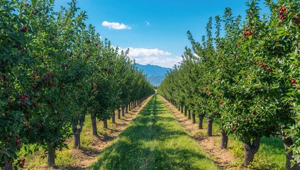 Obraz premium A cherry orchard featuring neat rows of vibrant green leaves and ripe red fruit, with a pathway extending toward far-off hills beneath a bright blue sky