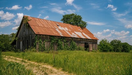 A weathered wooden barn slowly overtaken by greenery under a summer sky