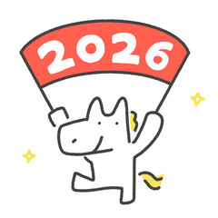 2026年の数字が書いてあるフラッグで新年をお祝いする笑顔の白馬　正月素材