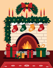 A cozy winter illustration featuring a beautifully decorated fireplace, gifts, Christmas stockings. It evokes the warmth of Christmas, New Year, or a winter evening. For cards, greetings, social media