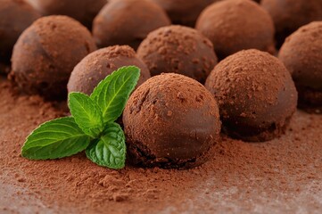 Close-up of dark cocoa-dusted chocolate truffles paired with fresh mint leaves on a rustic surface. Homemade sweet treats and gourmet dessert idea.