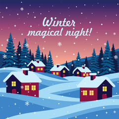 Winter landscape with a magical night. A charming village with brightly colored houses, Christmas trees in cool blue, purple tones. Christmas background. For Christmas, New Year cards, winter designs