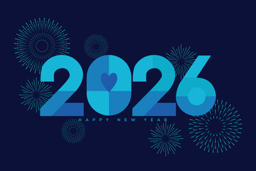 Happy New Year 2026 Typography with Heart and Blue Fireworks